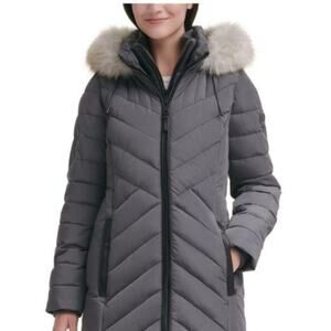 NWT DKNY Gray Puffer Jacket with Faux Fur Trimmed Hood